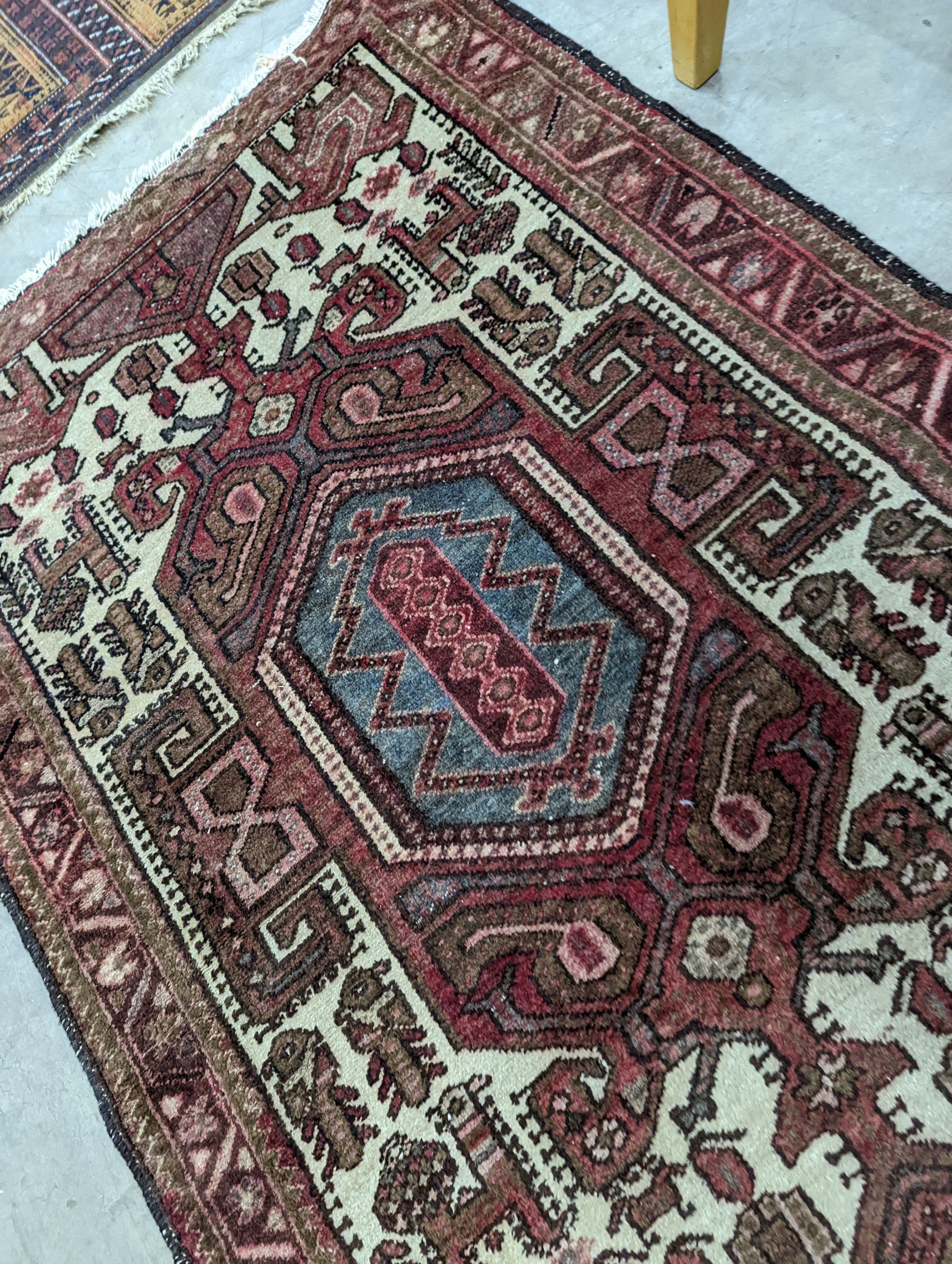 A Belouch geometric prayer rug and two Caucasian design rugs, largest 152 x 104cm